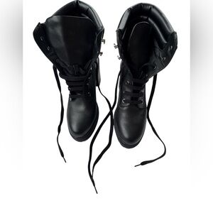 Zara Black Leather Platform Lug Sole Combat Boots Block Heel Lace Up Size 40